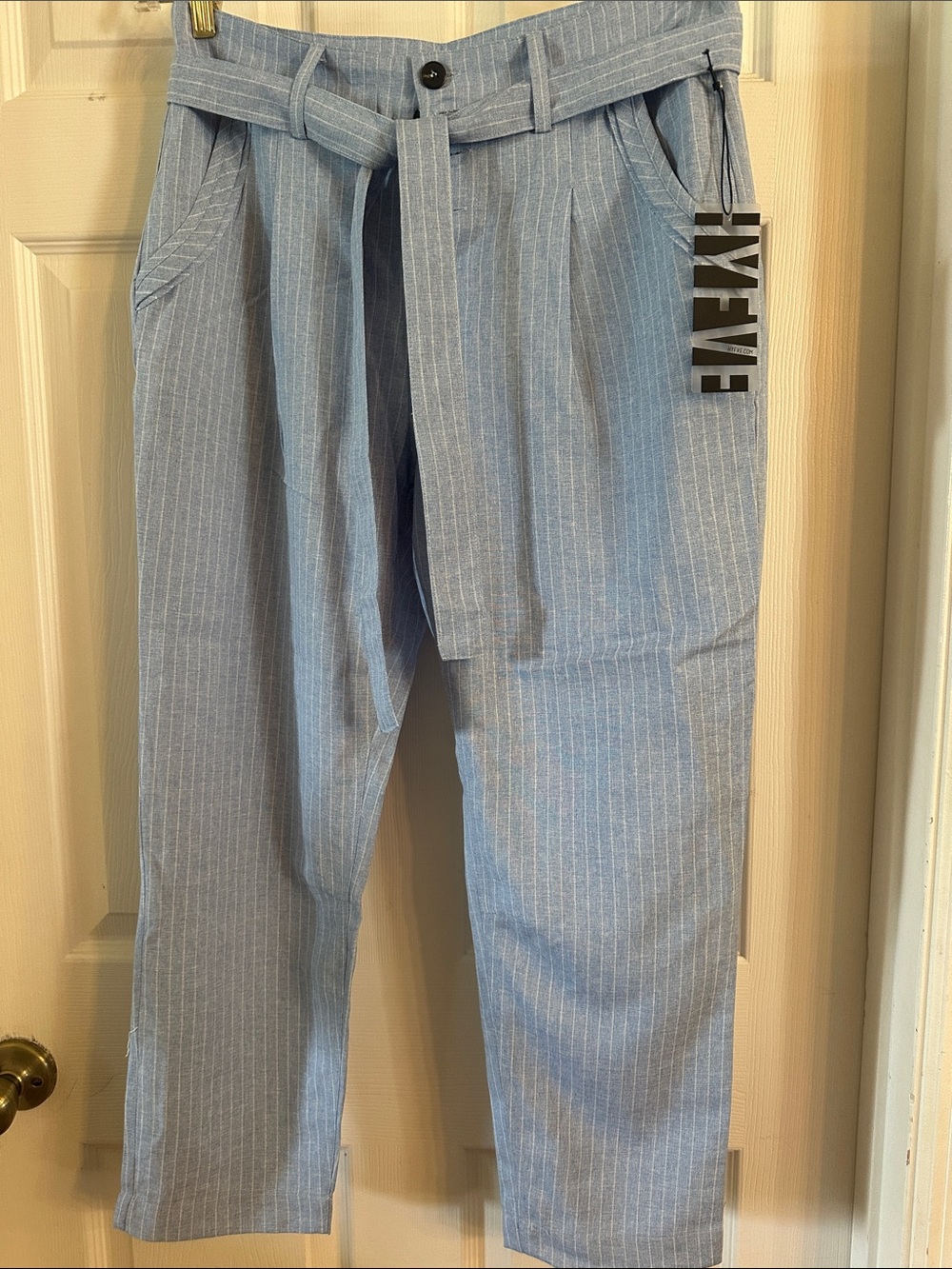 Light Blue Pinstripe Men’s Tapered Pants with Belt